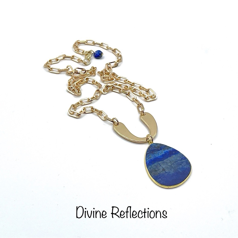 Lapis Pendant Necklace,Lapis Slice Pendant,Paperclip Chain,Goldtone Chain
